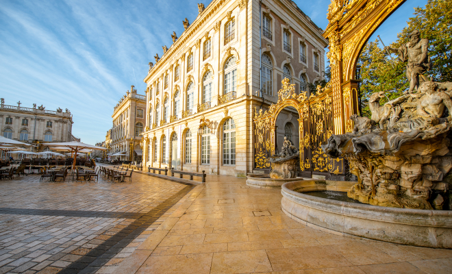 Morning view on the Stanislas square with Golden gate in the old town of Nancy city, France