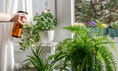 Woman taking care and watering dry indoor green plants. Home gardening and urban jungle concept