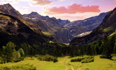 Summer mountain landscape at sunset. Cirque de Gavarnie in the P