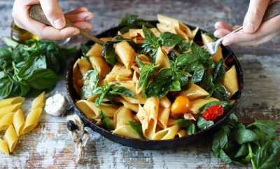 One pan pasta with basil. Vegan pasta. Selective focus. Macro.