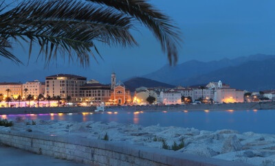 Beautiful city and sea landscape. Ajaccio is the capital of South Corsica at night, the mountains and the sea, a popular destination for travel in Europe
